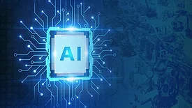 AI Learning and Artificial Intelligence Concept. AI microship in a circuit board glowing blue.