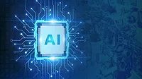 AI Learning and Artificial Intelligence Concept. AI microship in a circuit board glowing blue.