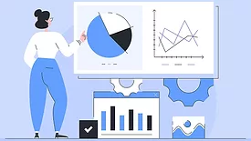 Illustration of woman facing virtual charts and graphs for a project management presentation.