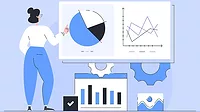 Illustration of woman facing virtual charts and graphs Illustration of woman facing virtual charts and graphs for a project management presentation.