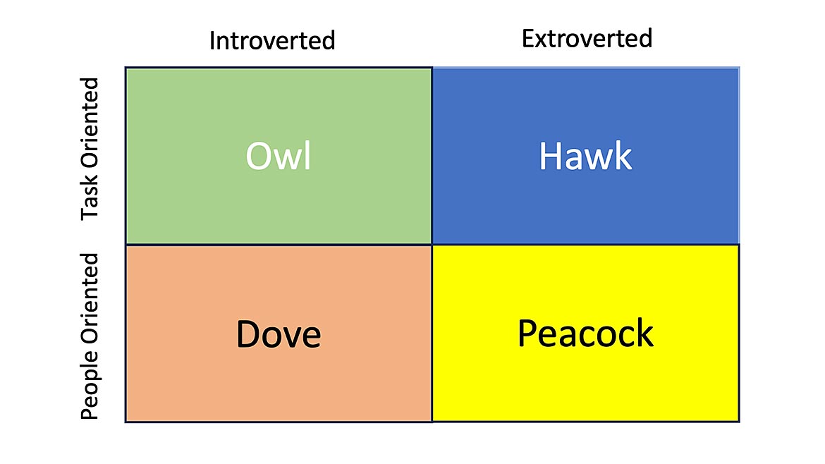 EQ matrix, four behavioral styles: owl, hawk, dove and peacock