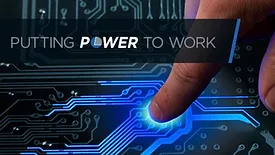 Quality Leadership Survey: Pelco Component Technologies. Finger touching circuit board. Text: Putting Power to Work.