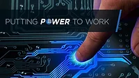 Quality Leadership Survey: Pelco Component Technologies. Finger touching circuit board. Text: Putting Power to Work.