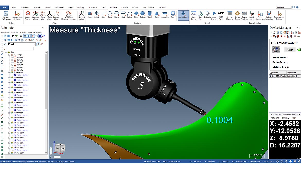 Verisurf Software uses the Renishaw RUP1 (REVO® Ultrasonic Probe) to automate blind or difficult-to-reach thickness measurements for inspection and reporting. (Image: Verisurf Software)