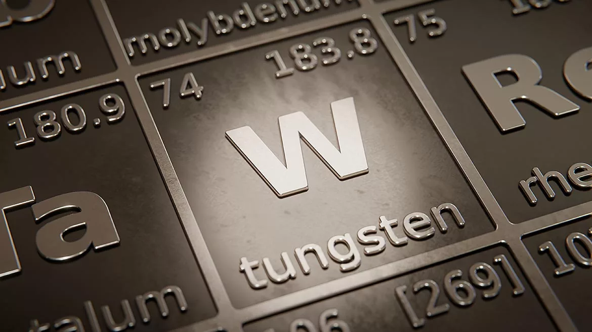 QM 0124 ASNT Column Tungsten. Highlight on chemical element Tungsten in periodic table of elements.