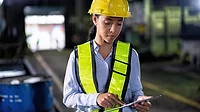 Software and Analysis B feature, female worker in hardhat Software and Analysis B feature, female worker in hardhat
