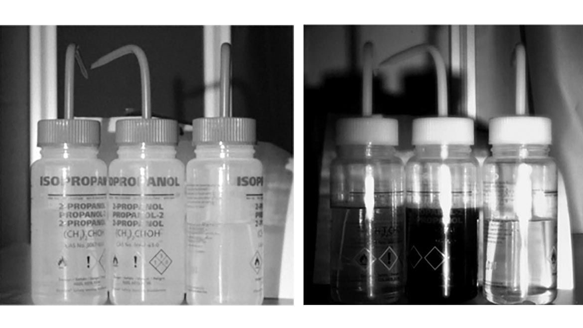 04 VS 0124 Lighting feature Figure 4. Isopropanol, water, and acetone all look similar under visible light. Under SWIR illumination and imaging results in high contrast.