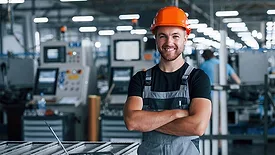 Young technician with orange hard hat is smiling and happy.