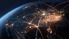 Highly detailed 3d generated globe with glowing connection lines between big cities. 