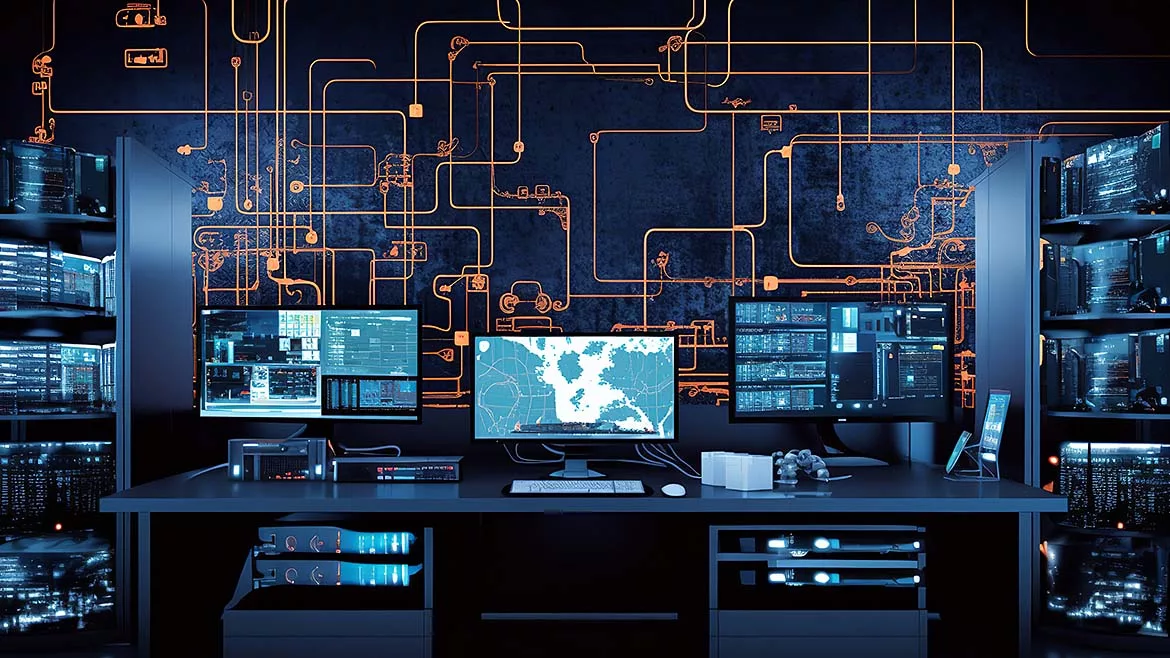 Network setup with three monitors in the center, servers on left and right side and circuit board pattern in the background.