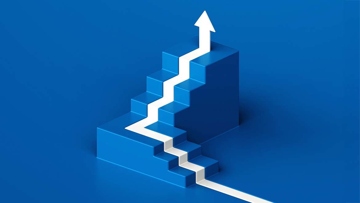 White arrow up with blue stair on blue floor background, 3D arrow climbing up over a staircase