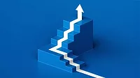 White arrow up with blue stair on blue floor background, 3D arrow climbing up over a staircase
