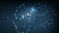 Graphic of a digital brain and Human head outline made from circuit board, connecting on dark blue background.