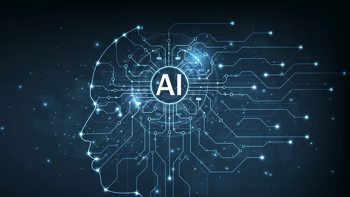 Graphic of a digital brain and Human head outline made from circuit board, connecting on dark blue background.