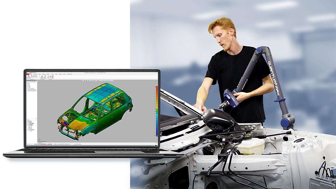 QM March 2024 Test & Inspection laptop with 3D scan of car frame (left) and man working on car frame (right)