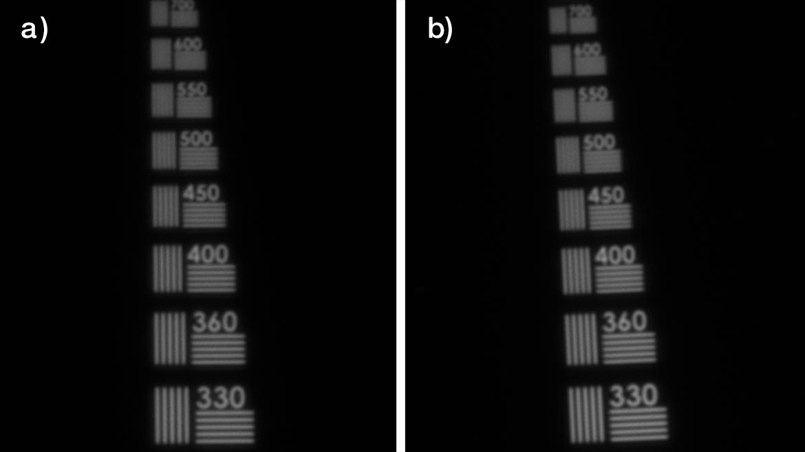 Figure 5. Center Contrast Comparison using a USAF Resolution Test Target on a 1.1” Sensor a) Image with 5X Plan APO Infinity Corrected Objective A showing >20% contrast at 360 lp/mm b) 5X Plan APO Infinity Objective B showing >20% contrast at 360 lp/mm.