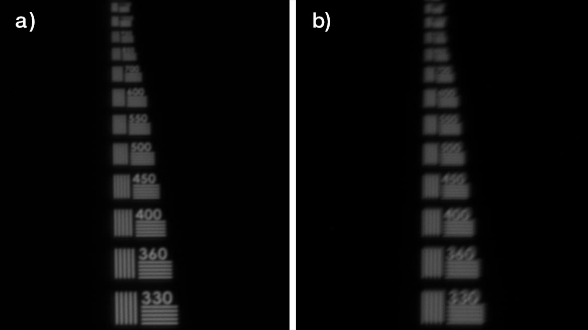 Figure 6. Corner Contrast Comparison using a USAF Resolution Test Target on a 1.1” Sensor a) Image with 5X Plan APO Infinity Objective A showing 23% contrast at 330 lp/mm b) 5X Plan APO Infinity Objective B showing 7% contrast at 330 lp/mm.