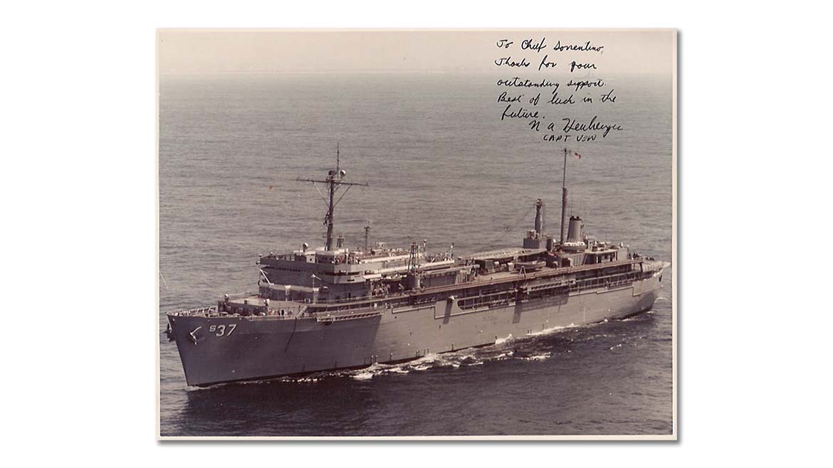 Picture of Naval ship with a personal note to "Chief Sorrentino"