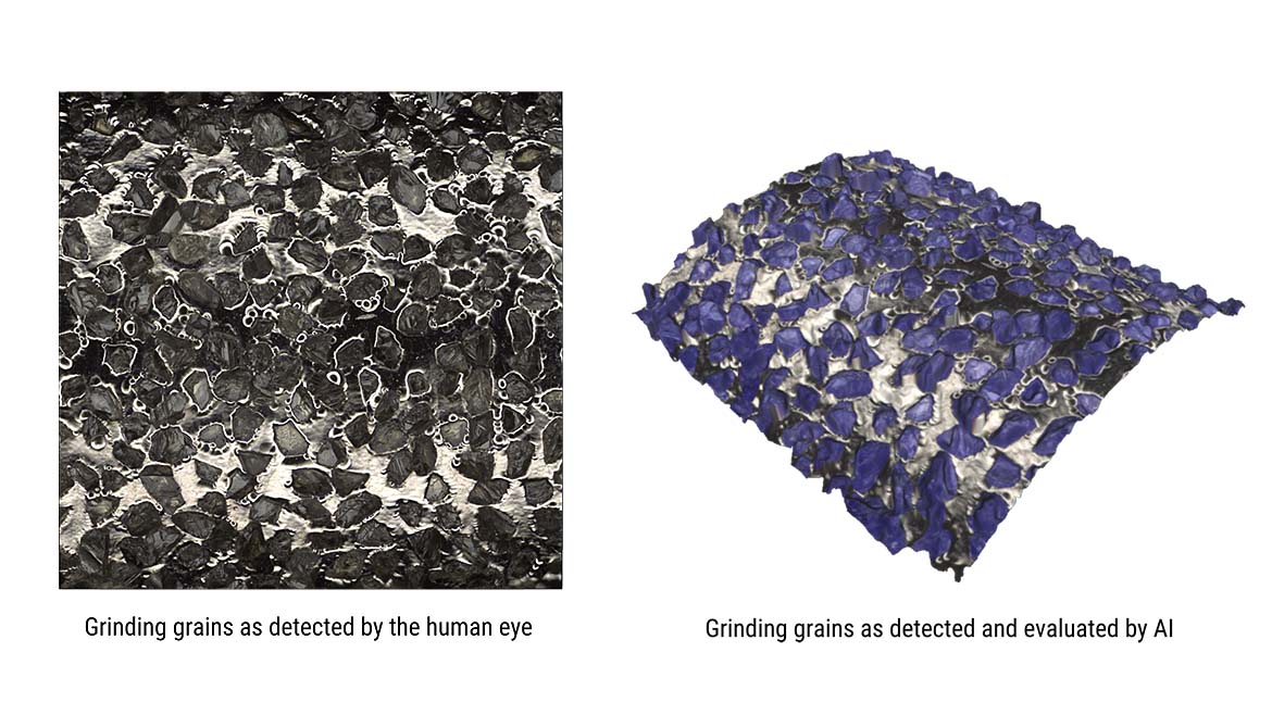 Figure 1: Grinding grains as detected and evaluated by AI. (Left) Grinding grains as detected by the human eye. (Right) Grinding grains as detected and evaluated by AI.