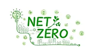 Net Zero illustration in green with globe lightbulb and climate change icons in bubble clouds.