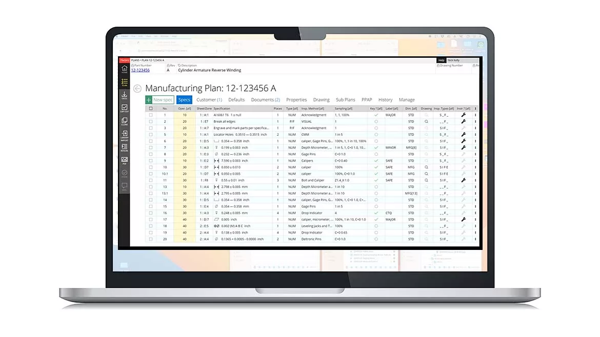FMEA Correlating Inspection Plan shown on a laptop screen.
