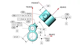 Example Part Drawing with Datum Reference Frame Coordinate Axes Added