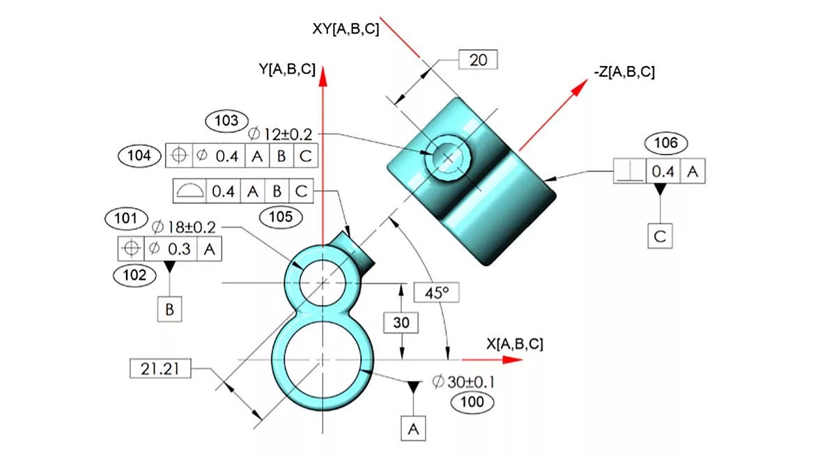 Example Part Drawing with Datum Reference Frame Coordinate Axes Added