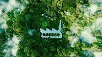 3d rendering of a pond shaped like a factory in the middle of a lush forest 3d rendering of a pond shaped like a factory in the middle of a lush forest
