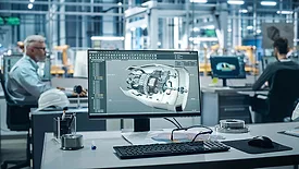 Automated Robot Arm Assembly Line Manufacturing Facility, On the Desk Computer with Turbine Prototype, Design Advanced 3D Model for High-Tech Green Energy Electric Engine.