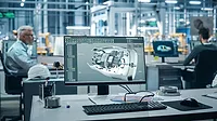 Automated Robot Arm Assembly Line Manufacturing Facility, On the Desk Computer with Turbine Prototype, Design Advanced 3D Model for High-Tech Green Energy Electric Engine.