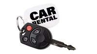 Automotive remote key with a "CAR RENTAL" keychain on a white background