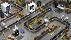 3d schematic of a factory using Metrology solutions in the production line - illustration Industry 4.0.