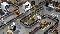 3d schematic of a factory using Metrology solutions in the production line - illustration Industry 4.0. 3d schematic of a factory using Metrology solutions in the production line - illustration Industry 4.0.