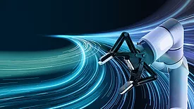 Image of Autonomous Process Control with virtual swirl of green, blue and purple lights in the background.