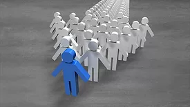 3D human-shaped figures in white standing in the shape of an arrow, the tip represented by a blue 3D figure.