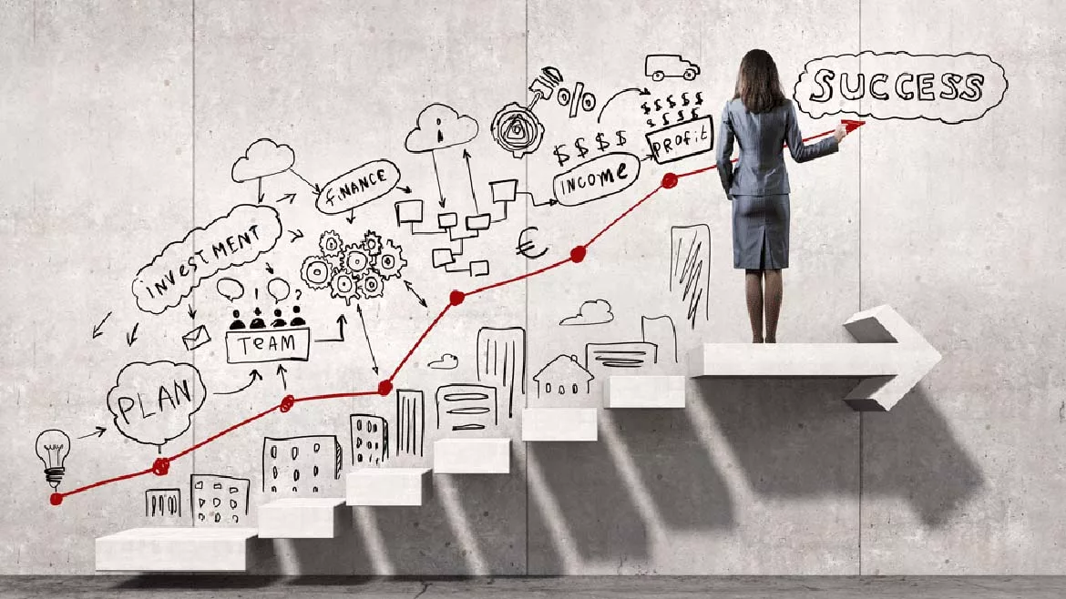 Woman on top of floating steps drawing plan for success on the wall.