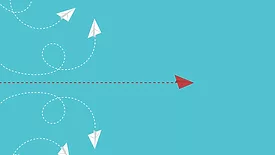 Think differently concept. Red airplane changing direction.