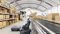 Automation with AGV and robotic arm in smart distribution warehouse.