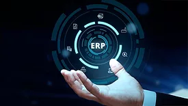 Male hand holding a virtual ERP Corporate Company Management Business Internet Technology Concept