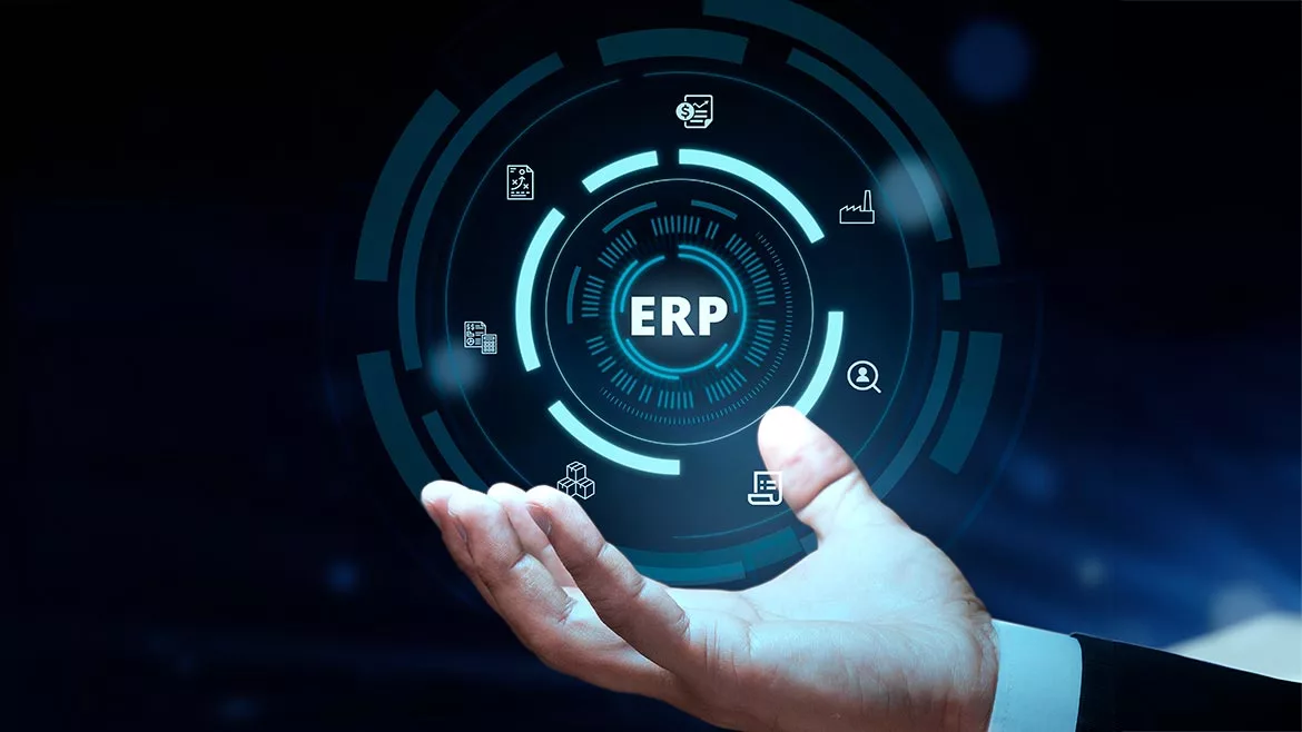 Male hand holding a virtual ERP Corporate Company Management Business Internet Technology Concept