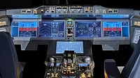 Modern dashboard with controls in the pilot cockpit of an airplane Modern dashboard with controls in the pilot cockpit of a passenger aircraft.