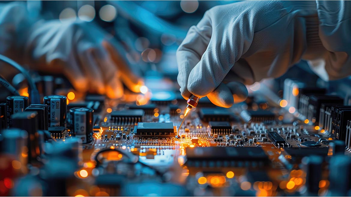 Image showcasing an electronics assembly line with workers carefully soldering and testing various circuit board components.