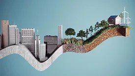 Sustainable growing curve graph made of concrete city with skyscrapers transforming to sustainable green city. (3d render).