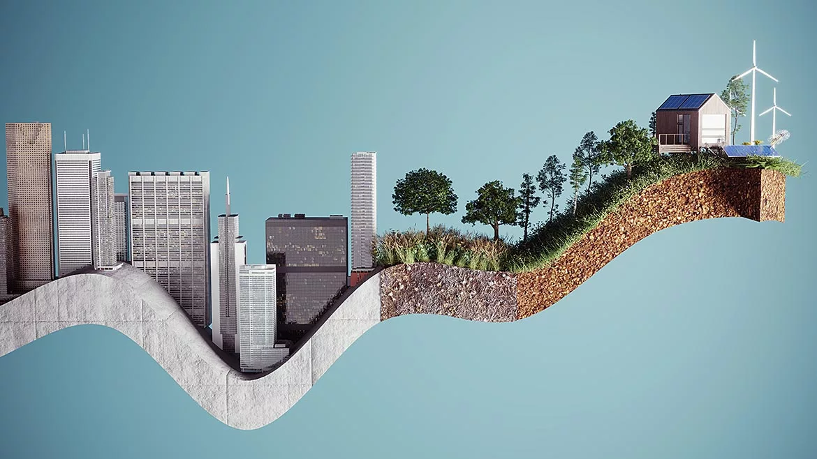 Sustainable growing curve graph made of concrete city with skyscrapers transforming to sustainable green city. (3d render).