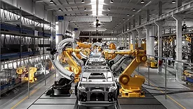 Robotic welding production line in car factory. Computer generated image of a vehicle manufacturing company.