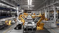 Robotic welding production line in car factory. Computer generated image of a vehicle manufacturing company.
