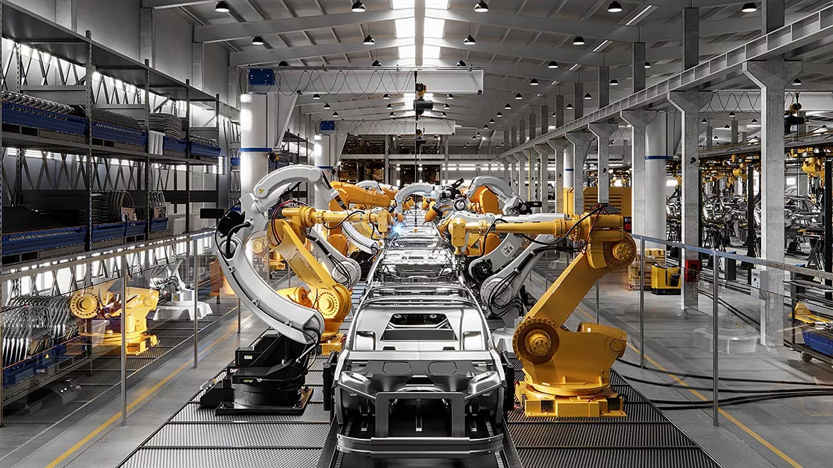 Robotic welding production line in car factory. Computer generated image of a vehicle manufacturing company.