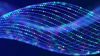 Particle stream. Purple background with many glowing particles. Information technology background. 3d rendering.