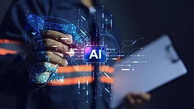 Virtual AI microchip with a blurred person in the background