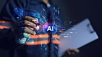 Virtual AI microchip with a blurred person in the background Virtual AI microchip with a blurred person in the background